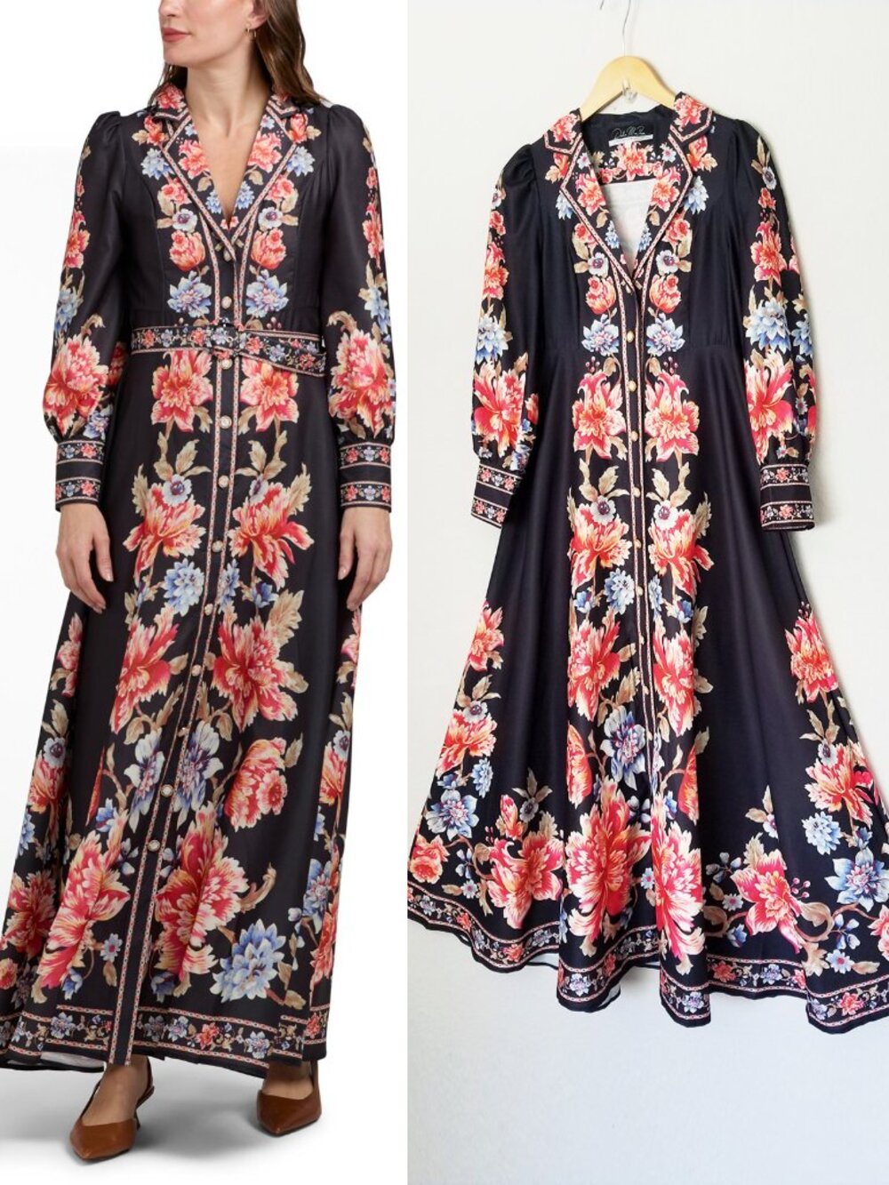 Dalia MacPhee Floral Button Front Maxi Shirt Dress Long Sleeves S Black Elegant